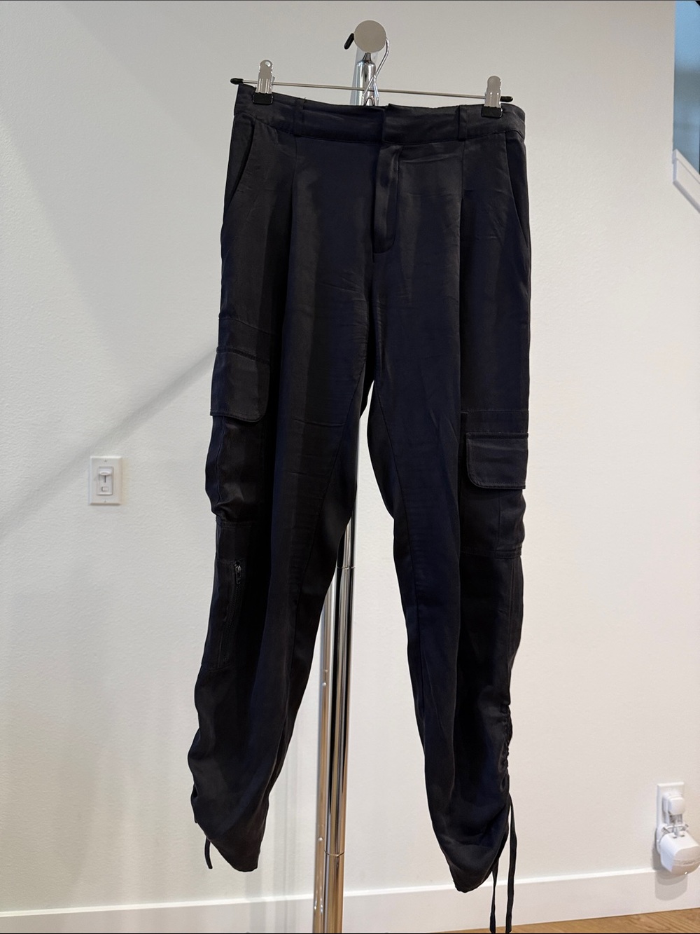 100% Silk Parker Black Joggers with Cargo Pockets